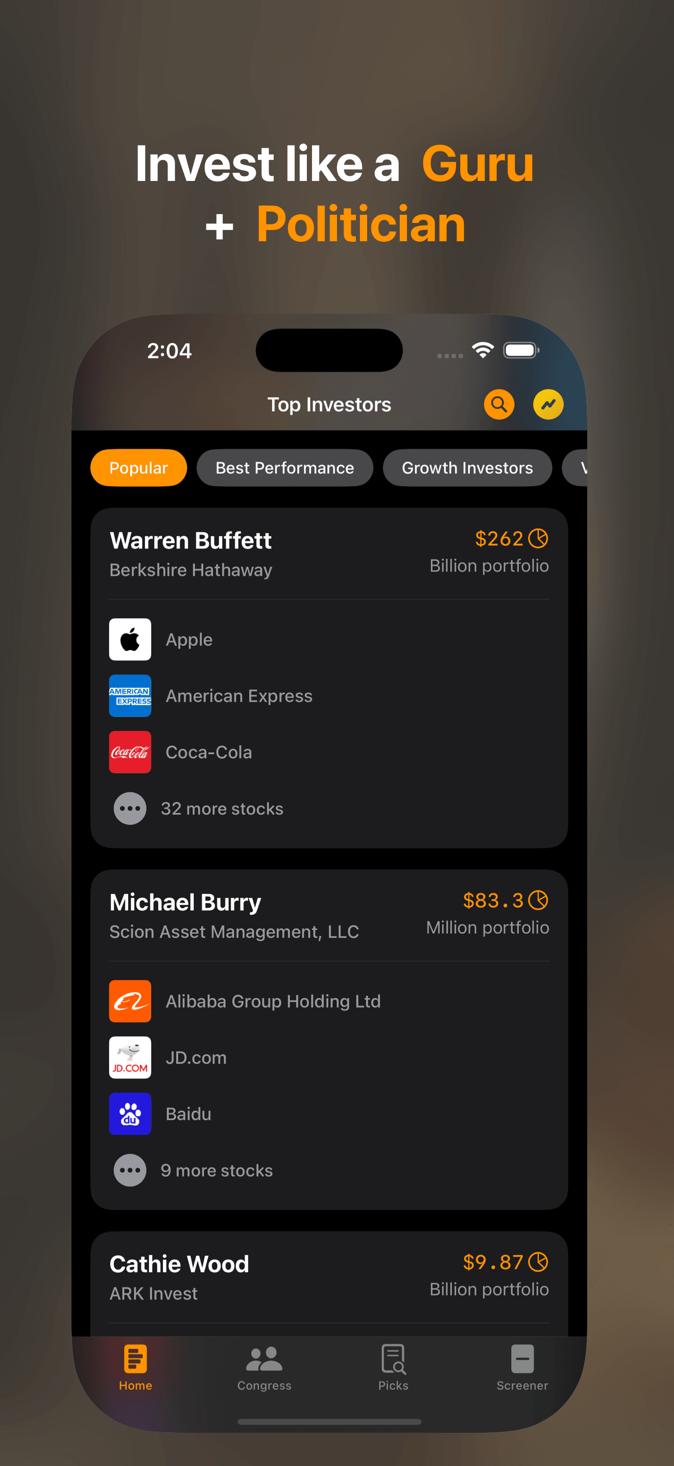 StockCircle App Sora feature screenshot - Track top investors and congress trades