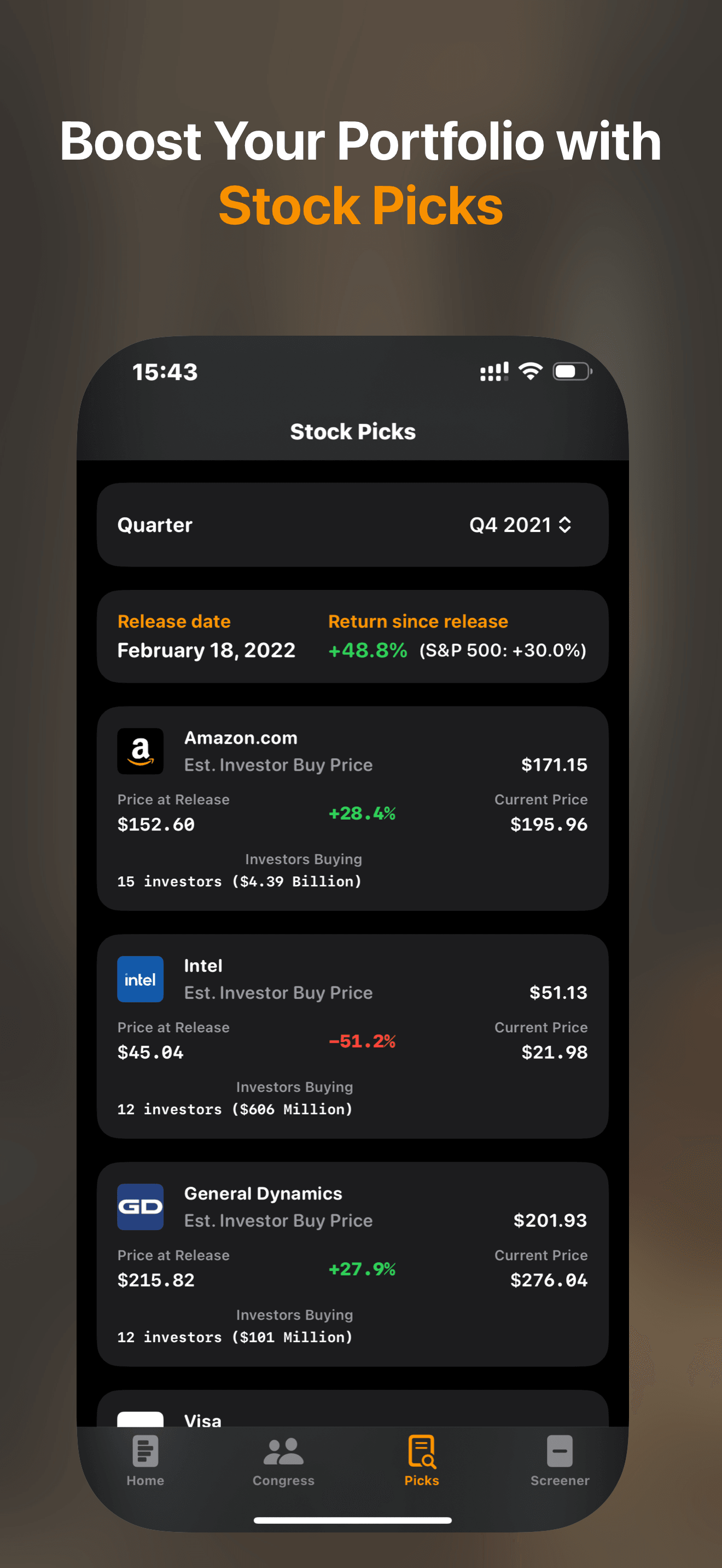 StockCircle App ChatGPT feature screenshot - Track top investors and congress trades